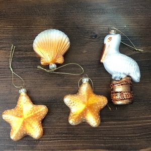 Assorted Beach Coastal Christmas Seahell & Pelican Glass Ornaments